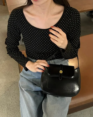 Polka Dot U-Neck Long-Sleeve T-Shirt