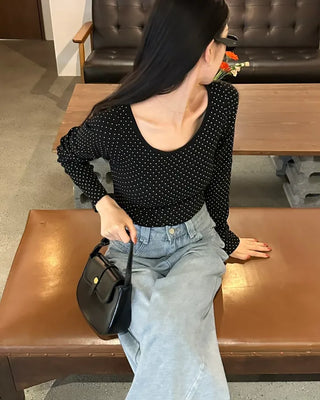 Polka Dot U-Neck Long-Sleeve T-Shirt