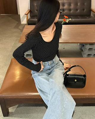 Polka Dot U-Neck Long-Sleeve T-Shirt