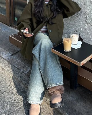 High-neck striped slim rib brushed long T-shirt