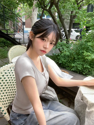 Slim ribbed short-sleeved cardigan (4 colors)