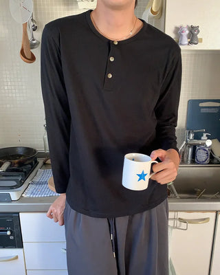 Button-down Henley neck long-sleeved T-shirt