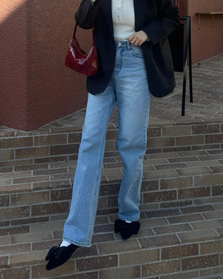 Semi-wide long denim pants