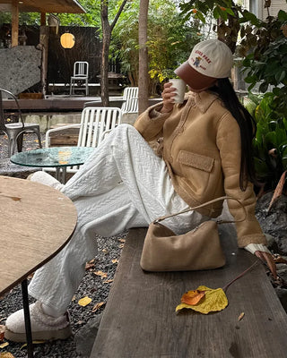 Color pocket sheepskin jacket