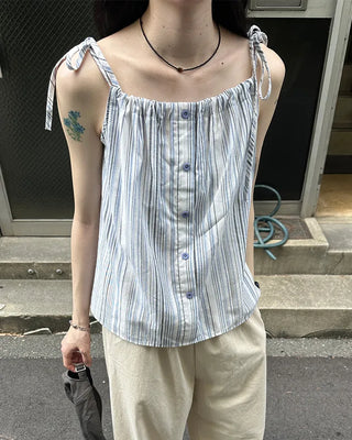 Striped button shirred camisole