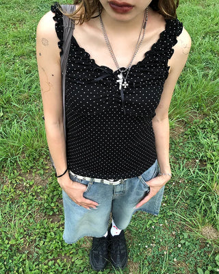 Pindot Ribbon Gathered Elastic Tank Top