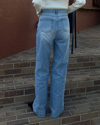 Semi-wide long denim pants