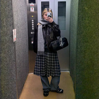 Wool check midi skirt