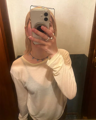 Wool sheer slit long-sleeved T-shirt