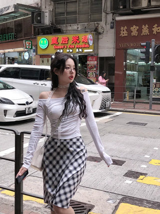 [2pcs] Lace Tie Shirring T-Shirt Set