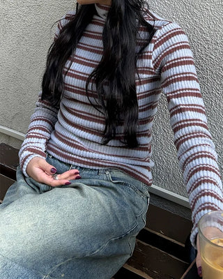 High-neck striped slim rib brushed long T-shirt