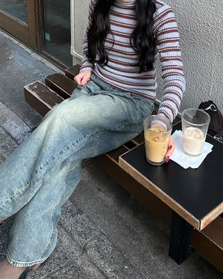 High-neck striped slim rib brushed long T-shirt