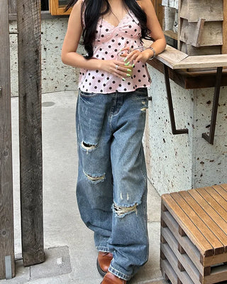 (Unisex) Unique Distressed Wide Straight Jeans