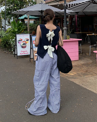 Long drawstring striped cargo pants