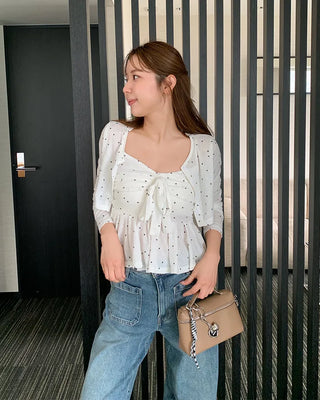 Bust Ribbon Dot Sleeveless Top & Cardigan Set