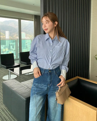 Striped two-tone cropped shirt