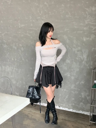 [4 colors] X-slit ribbon cropped T-shirt