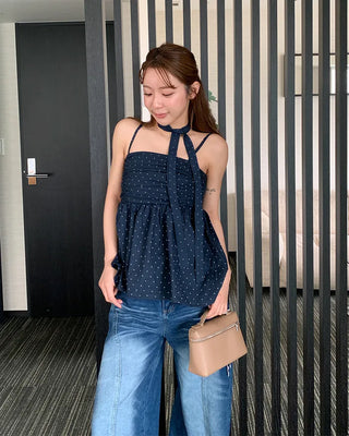 Polka Dot Volume Camisole & Tie Blouse Set
