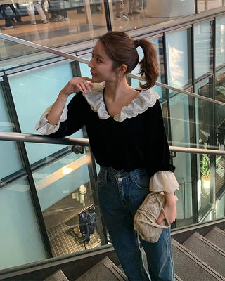 Frilled velvet blouse