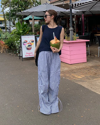 Long drawstring striped cargo pants