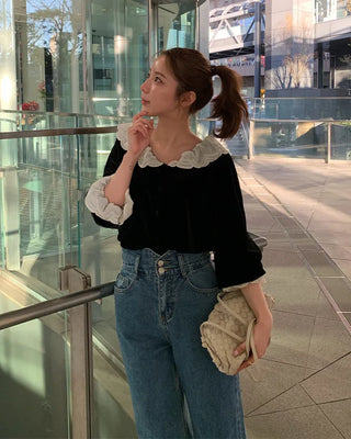 Frilled velvet blouse