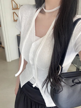 Slim Tie Short-Sleeve Cardigan Set