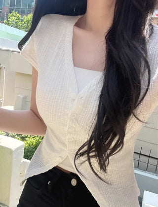 Slim Tie Short-Sleeve Cardigan Set