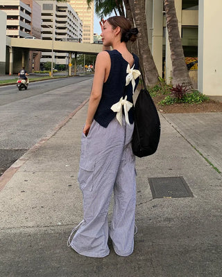 Long drawstring striped cargo pants