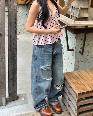 (Unisex) Unique Distressed Wide Straight Jeans