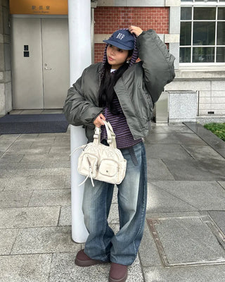 Seam-stitched distressed wide-leg denim pants