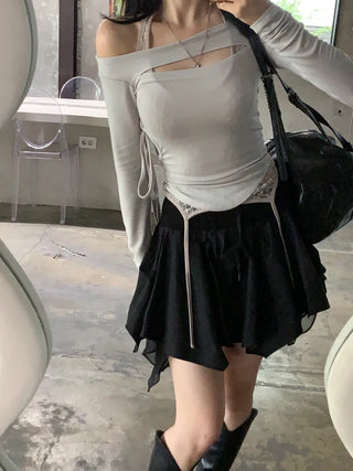 [4 colors] X-slit ribbon cropped T-shirt