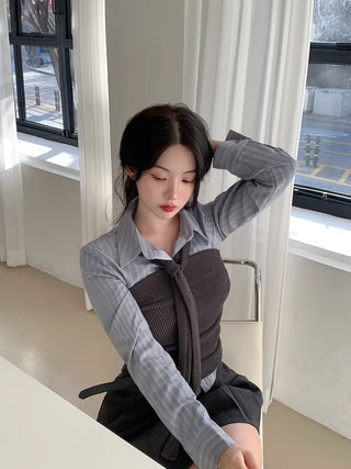 [2pcs] Knit Top and Tie Set