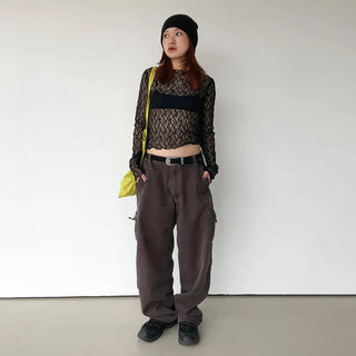 See-through lace long-sleeve T-shirt