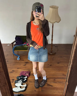Hip flap pocket mini denim skirt