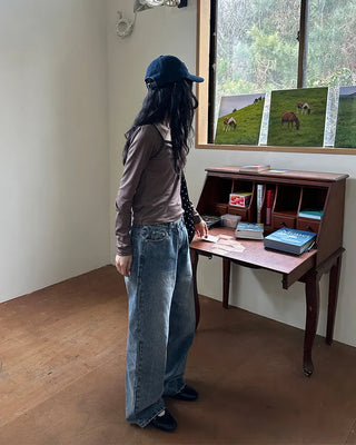 Two-button denim wide-leg pants