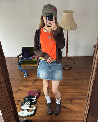 Hip flap pocket mini denim skirt