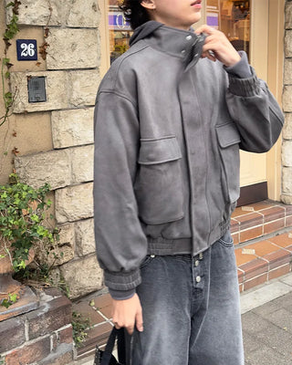 (Unisex) Suede Waistbanding High Neck Jacket
