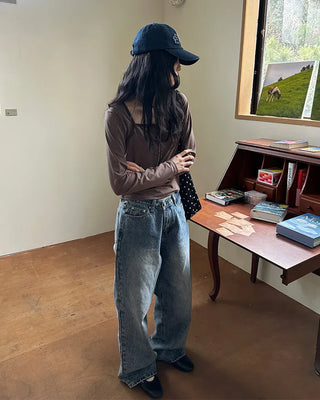 Two-button denim wide-leg pants
