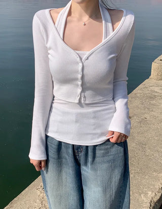 Halter neck sleeveless top & cardigan set