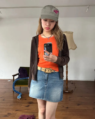 Hip flap pocket mini denim skirt