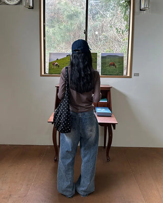 Two-button denim wide-leg pants
