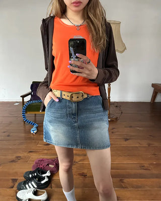 Hip flap pocket mini denim skirt