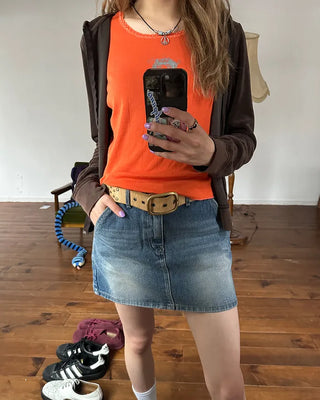Hip flap pocket mini denim skirt