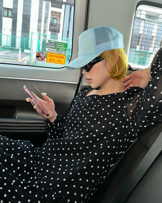 Bateau neckline polka dot yoke gathered chiffon dress