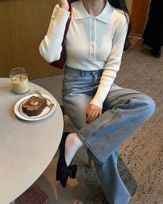 Semi-wide long denim pants