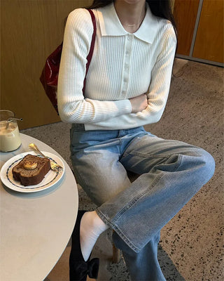 Semi-wide long denim pants