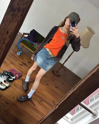 Hip flap pocket mini denim skirt
