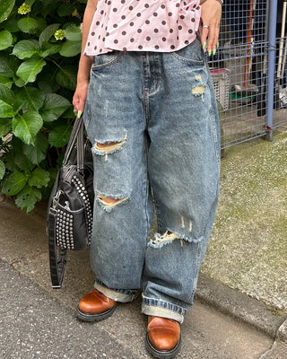 (Unisex) Unique Distressed Wide Straight Jeans
