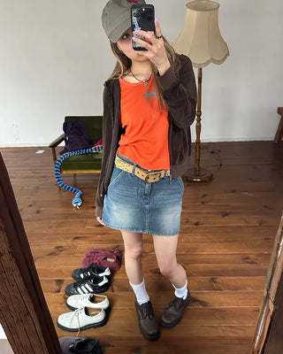 Hip flap pocket mini denim skirt
