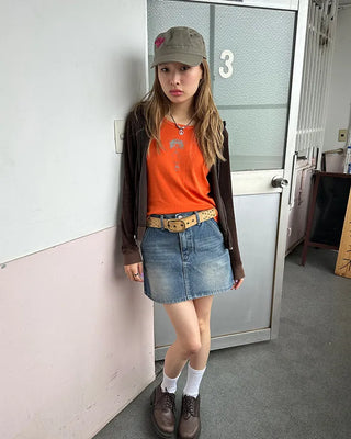 Hip flap pocket mini denim skirt